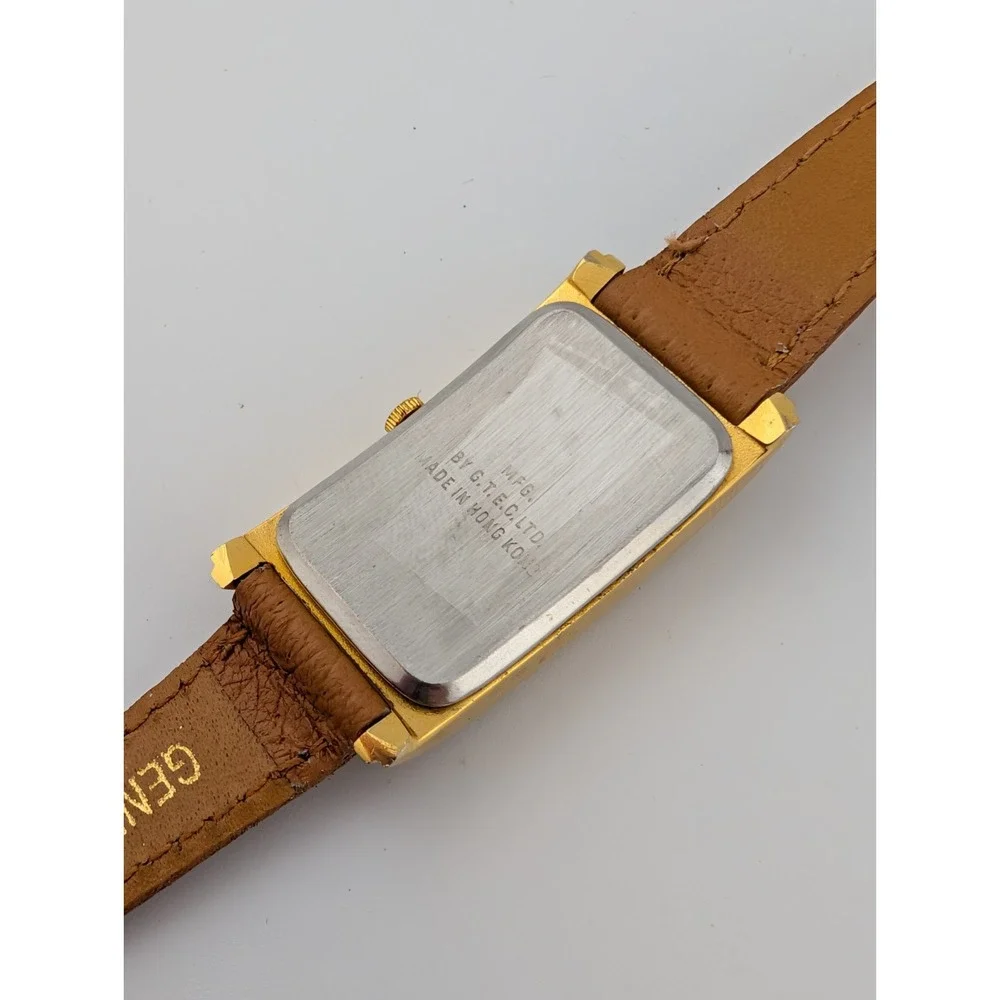 Vintage USN Classic Tank Watch Women 20mm Gold Case Leather Band- New Battery